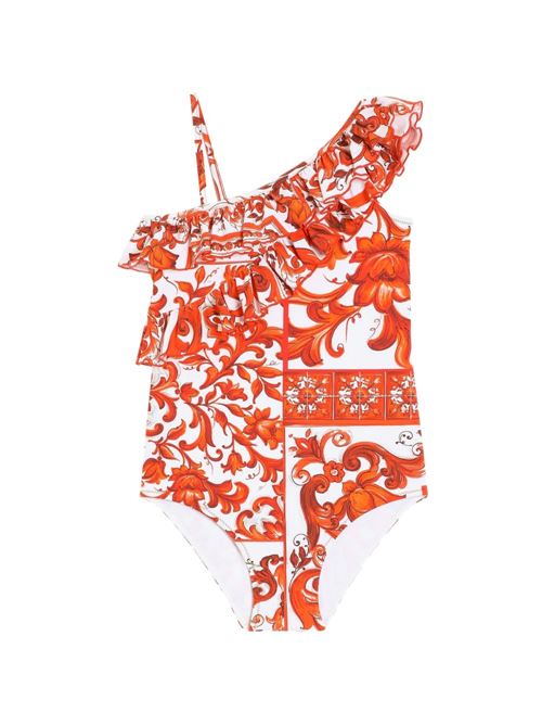 Costume intero bambina Dolce e Gabbana arancio con stampa Mix Maiolica Dolce & Gabbana Kids | L5J880ON0GUIO3TN